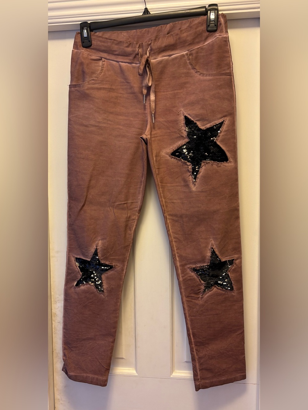 Designer Women’s jeans black sequin stars drawstring waist